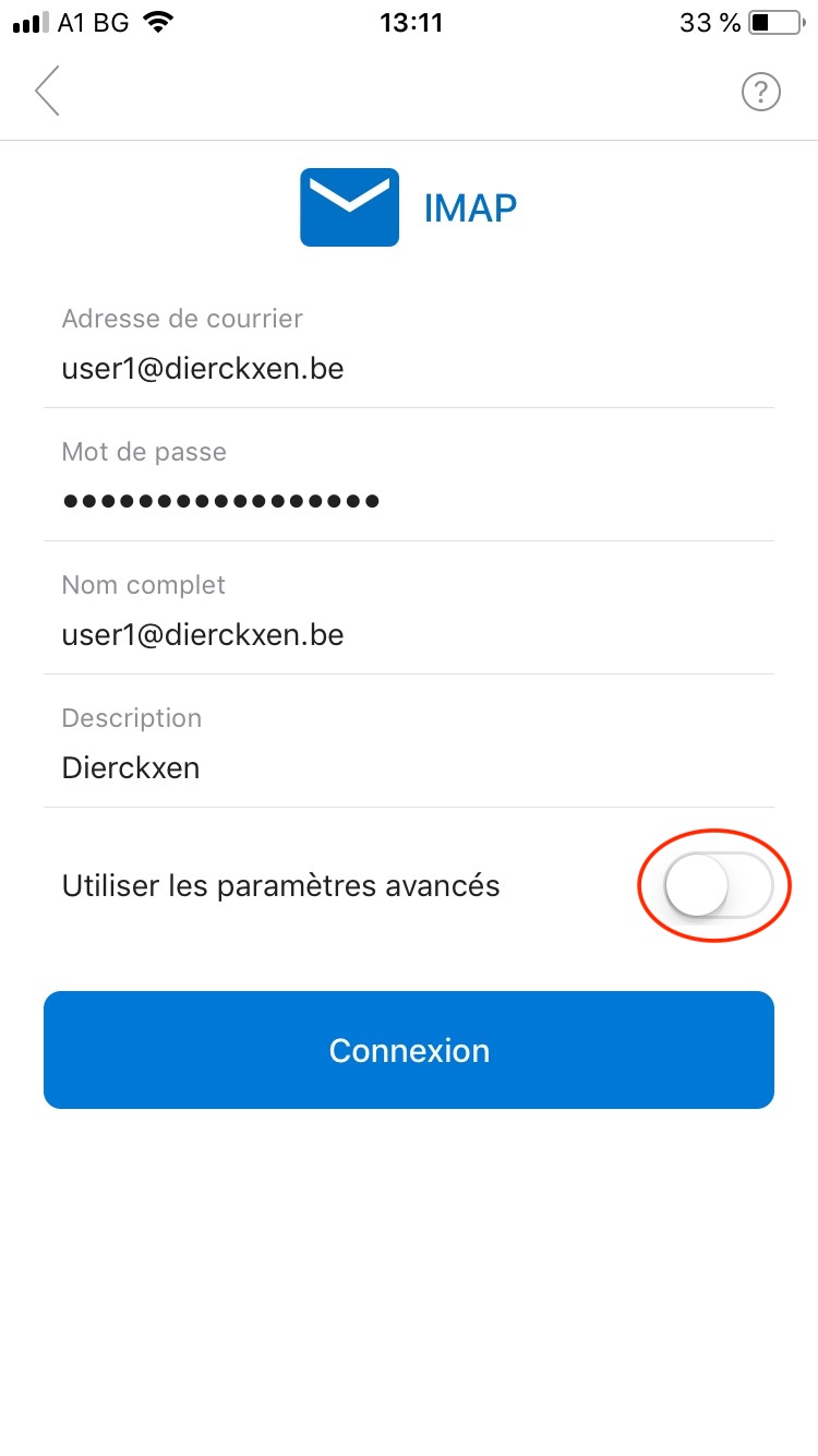 Remplir les données + touchez ensuite 'Utiliser les Paramètres Avancés'