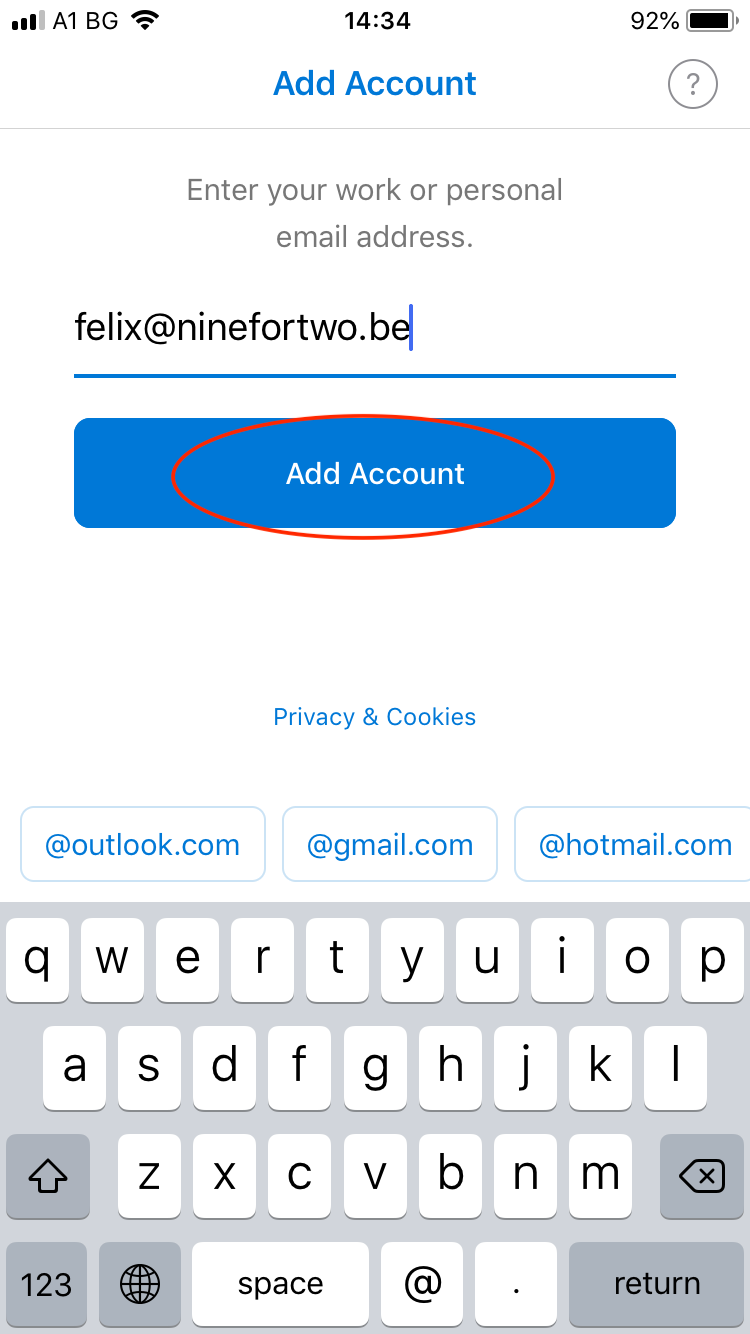 Type in your Exchange mail address and tap on 'Add account'