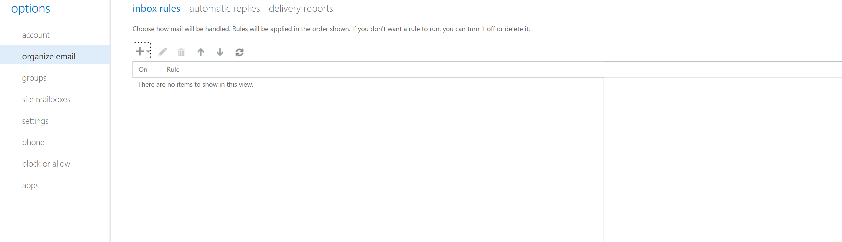 Options > organize email > new rule” width=”3507″ height=”1011″></li><li>In the drop-down menu “When the message has been received and” choose “Apply to all messages”</li><li>In the “Do the following” drop-down menu, choose the “Redirect message to” option. Enter the contact to which you want to forward the e-mails.<img loading=