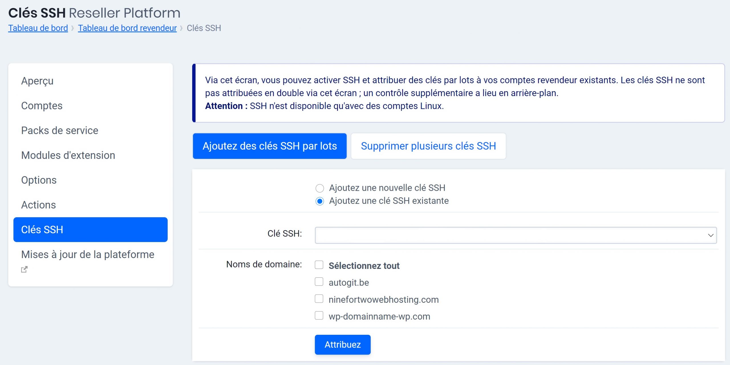 attribuer une clé SSH publique existante