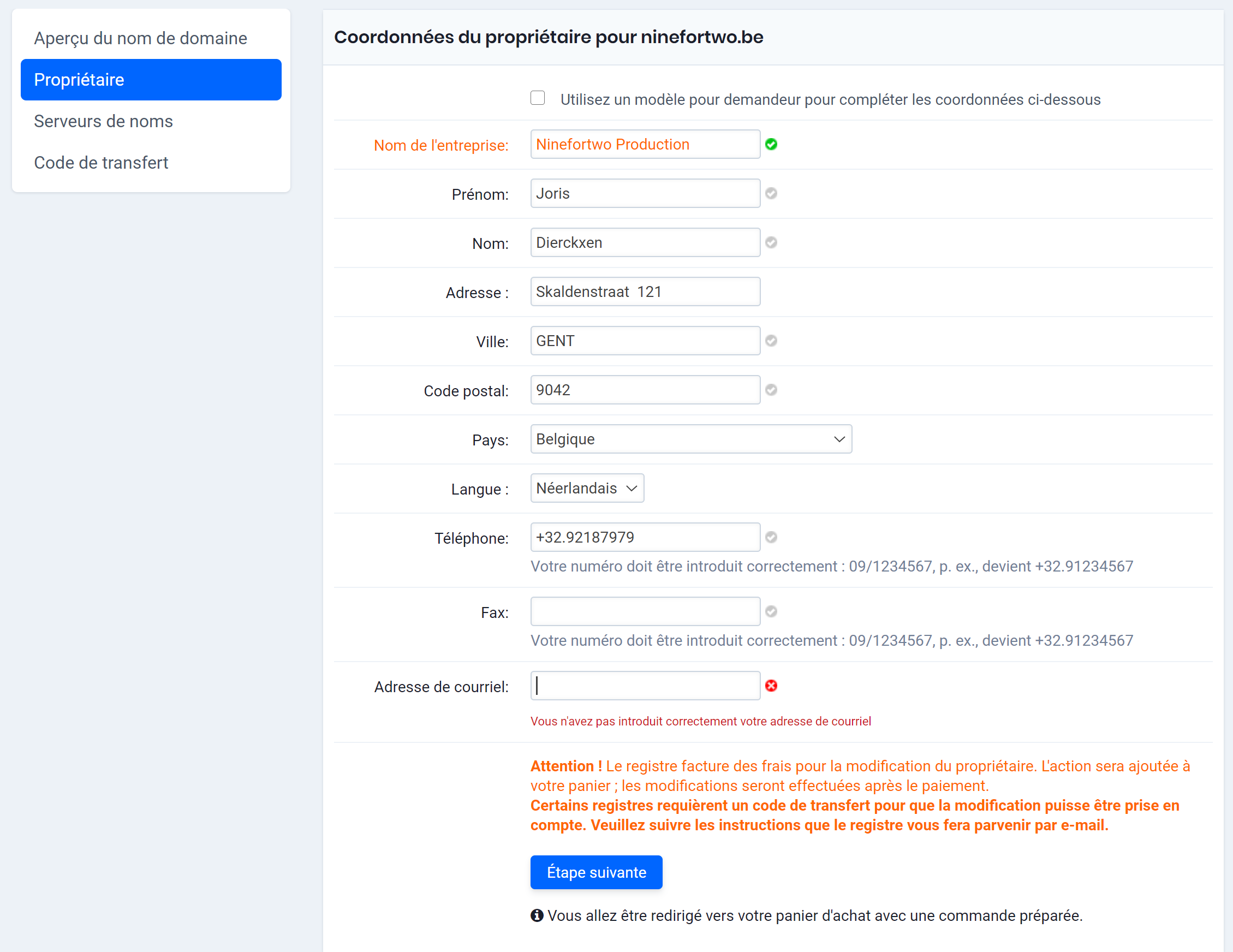 changer les données du propriétaire