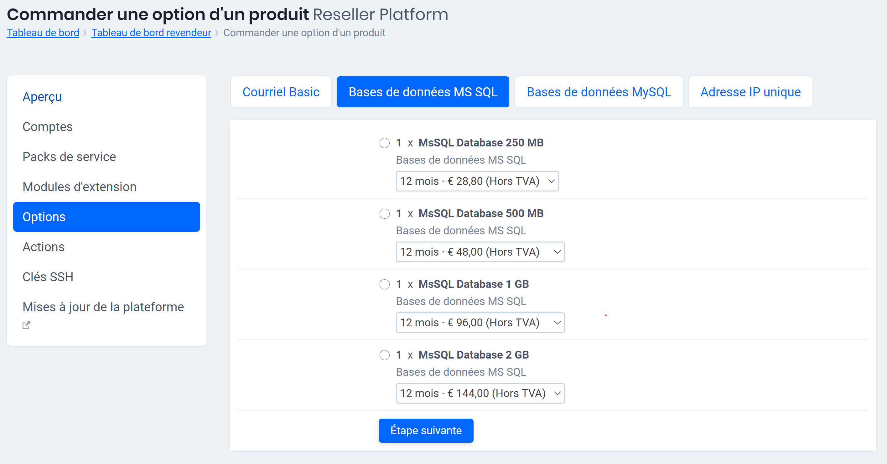 la mise à niveau d’une base de données, créer une option